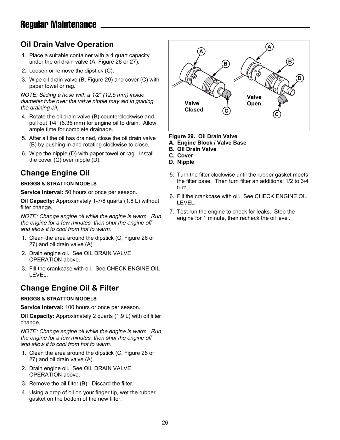 Snapper ELT19540RD, FLT19540RD, ELT2240RD manual Oil Drain Valve Operation, Change Engine Oil & Filter 