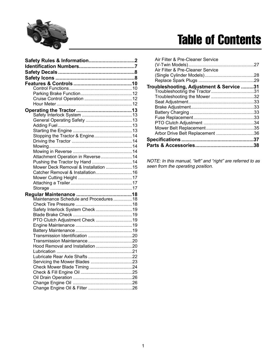 Snapper FLT19540RD, ELT2240RD, ELT19540RD manual Table of Contents 