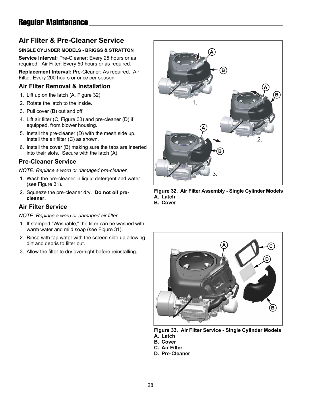 Snapper ELT19540RD, FLT19540RD, ELT2240RD manual Air Filter Assembly Single Cylinder Models Latch Cover 