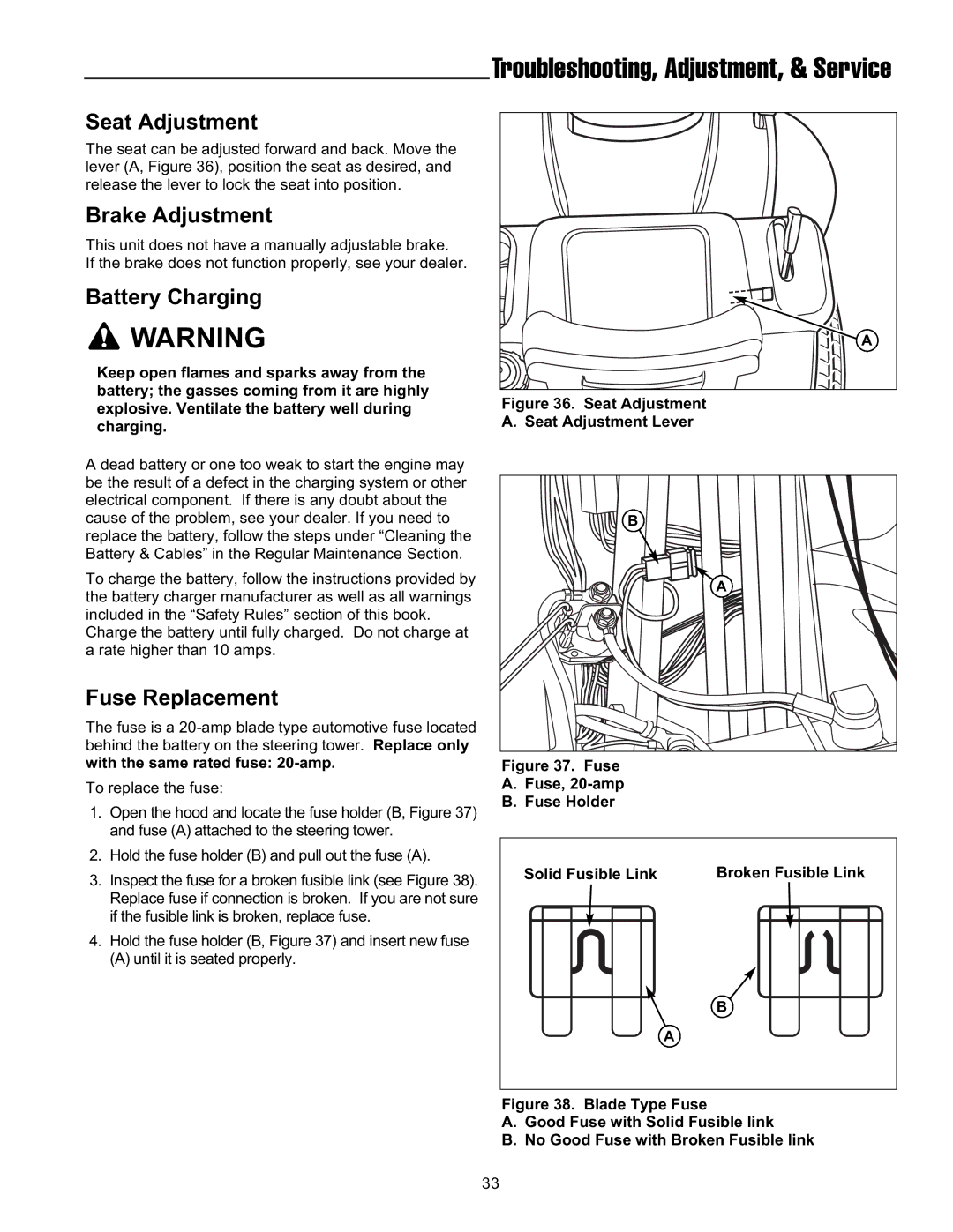 Snapper FLT19540RD, ELT2240RD, ELT19540RD manual Seat Adjustment, Brake Adjustment, Battery Charging, Fuse Replacement 