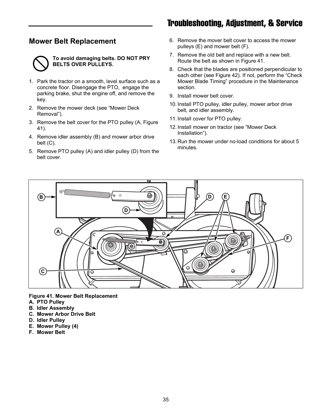 Snapper FLT19540RD, ELT2240RD, ELT19540RD manual Mower Belt Replacement, To avoid damaging belts. do not PRY 