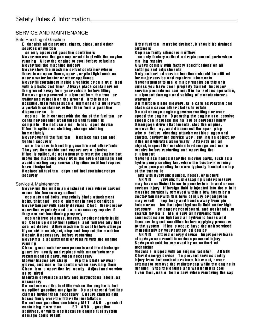 Snapper ELT19540RD, FLT19540RD, ELT2240RD manual Safe Handling of Gasoline, Service & Maintenance 