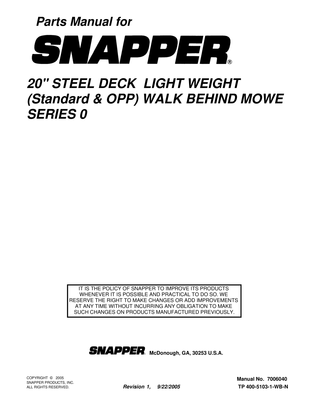 Snapper D20380, ELW400, EDLW400R2, R20400 manual Parts Manual for 