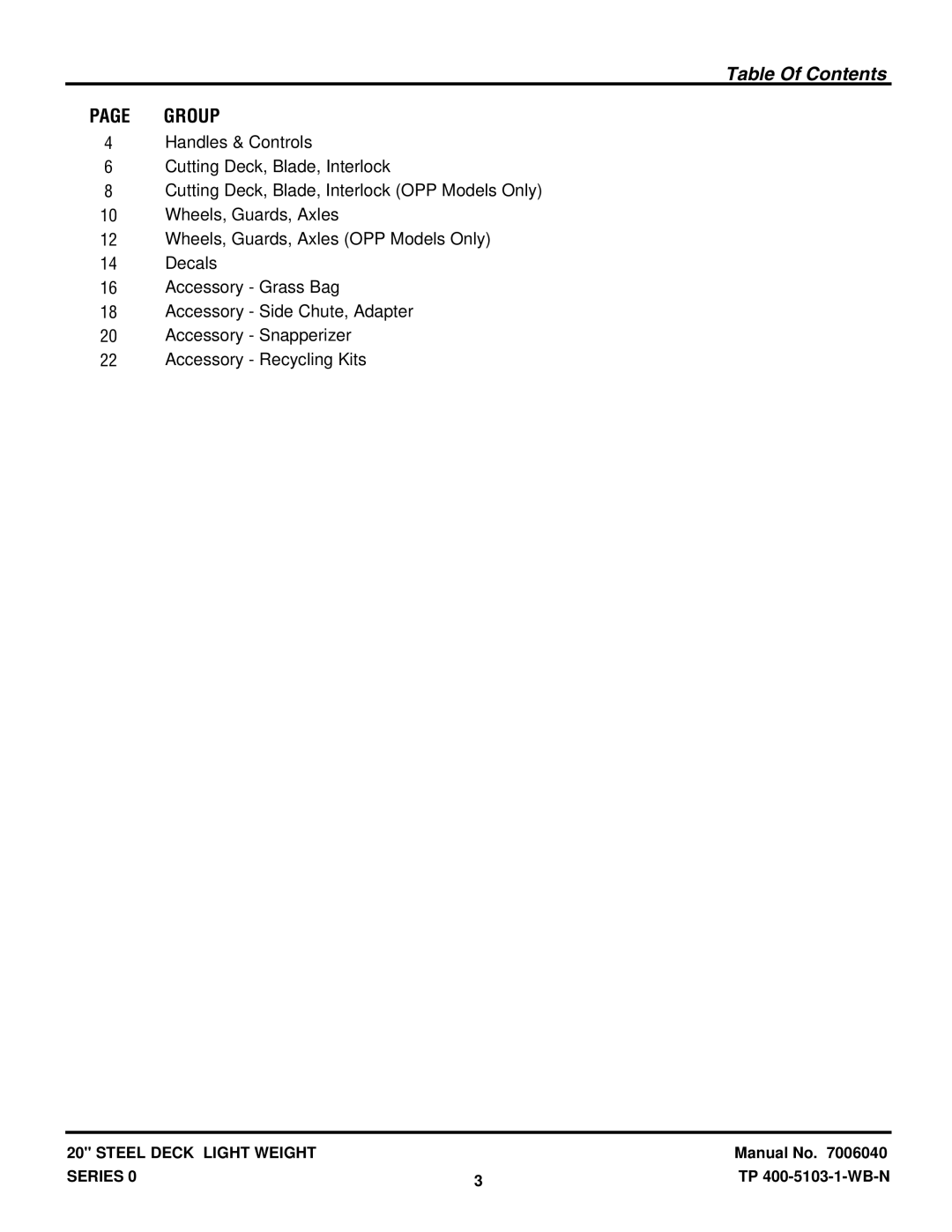 Snapper R20400, ELW400, EDLW400R2, D20380 manual Table Of Contents 