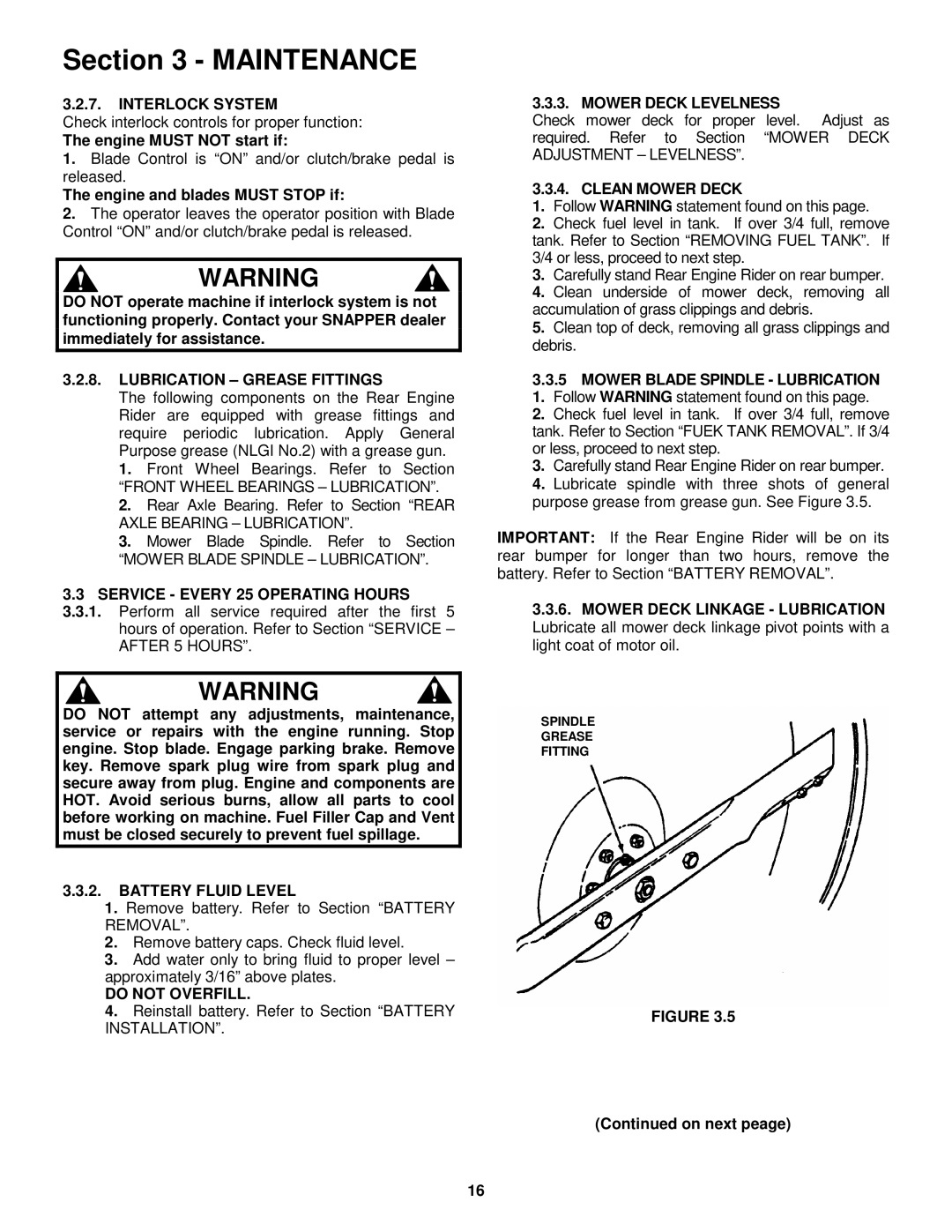 Snapper EM250819BE, EM281019BE Interlock System, Lubrication Grease Fittings, Service Every 25 Operating Hours 