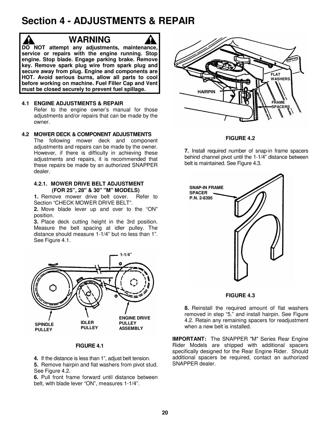 Snapper EM250819BE, EM281019BE Engine Adjustments & Repair, Mower Drive Belt Adjustment for 25, 28 & 30 M Models 