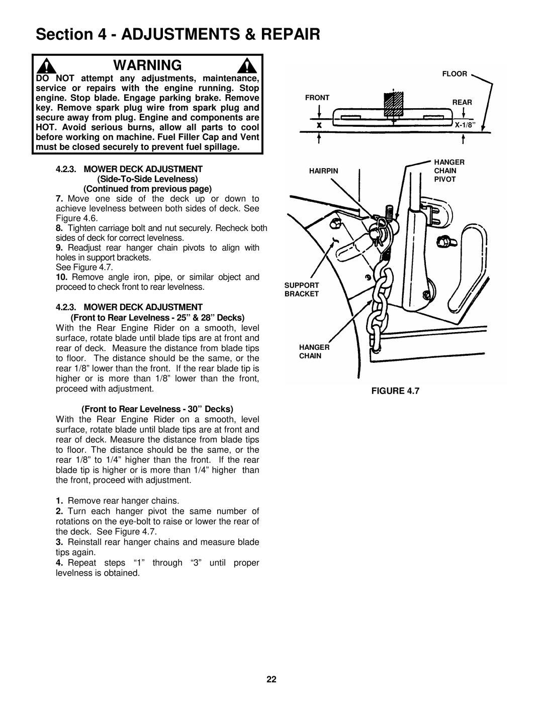 Snapper EM250819BE, EM281019BE important safety instructions Mower Deck Adjustment, Front to Rear Levelness 25 & 28 Decks 