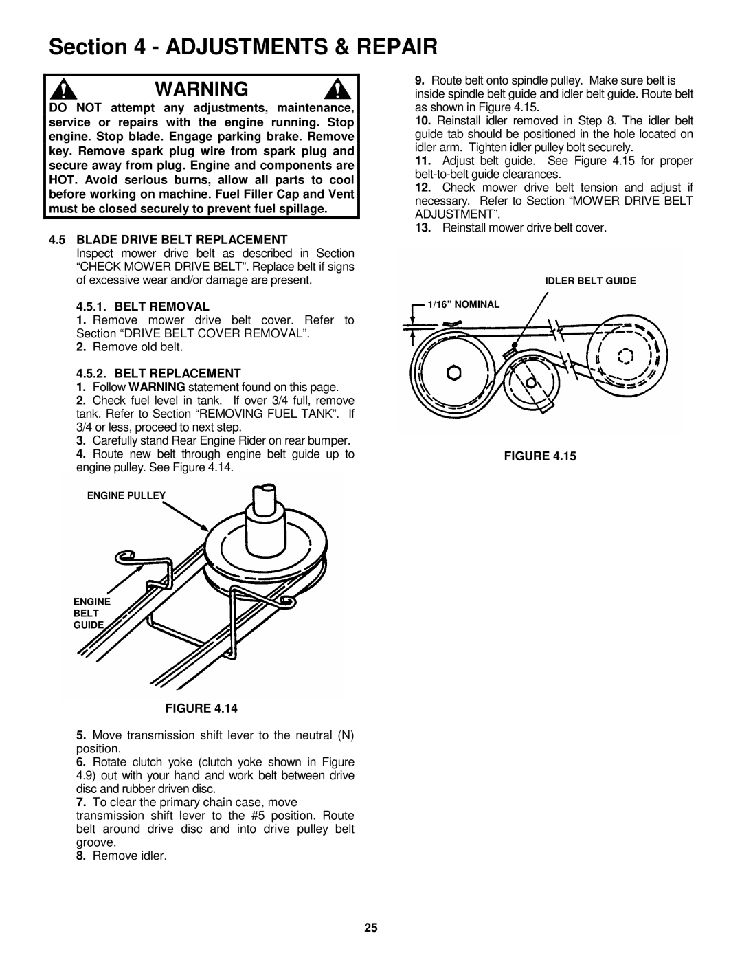 Snapper EM250819BE, EM281019BE important safety instructions Blade Drive Belt Replacement, Belt Removal 