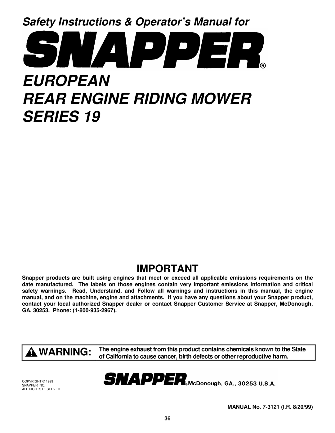 Snapper EM250819BE, EM281019BE important safety instructions European Rear Engine Riding Mower Series 