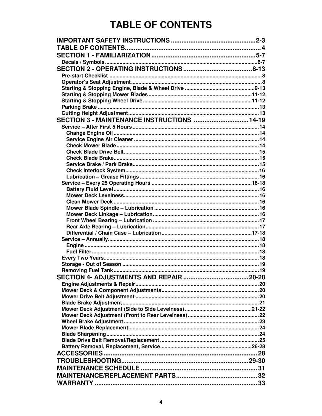 Snapper EM250819BE, EM281019BE important safety instructions Table of Contents 