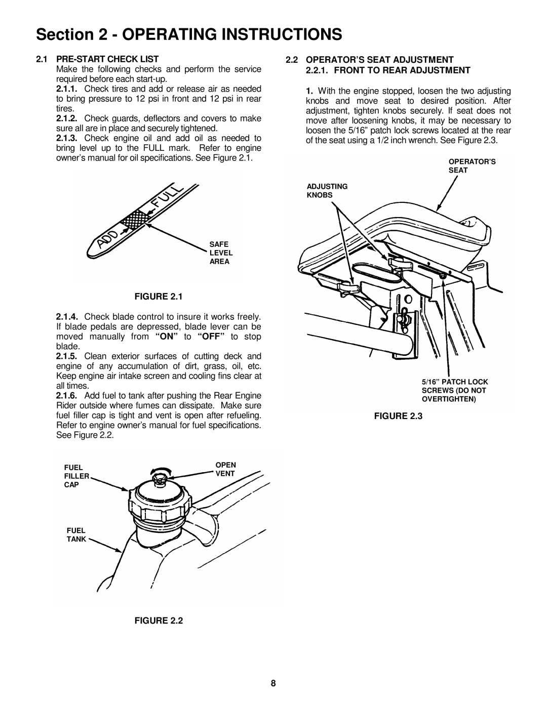 Snapper EM250819BE, EM281019BE PRE-START Check List, OPERATOR’S Seat Adjustment 2.2.1. Front to Rear Adjustment 