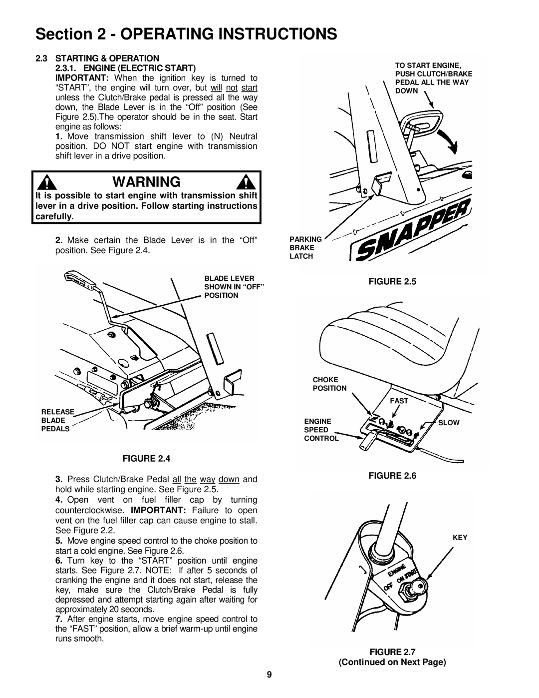 Snapper EM250819BE, EM281019BE important safety instructions Starting & Operation Engine Electric Start, On Next 