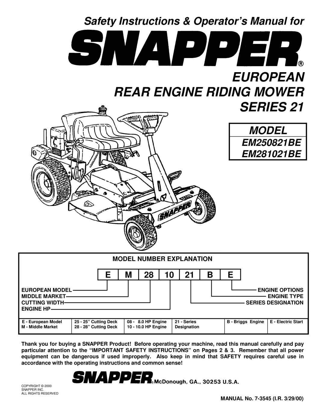 Snapper EM250821BE, EM281021BE important safety instructions European Rear Engine Riding Mower Series 