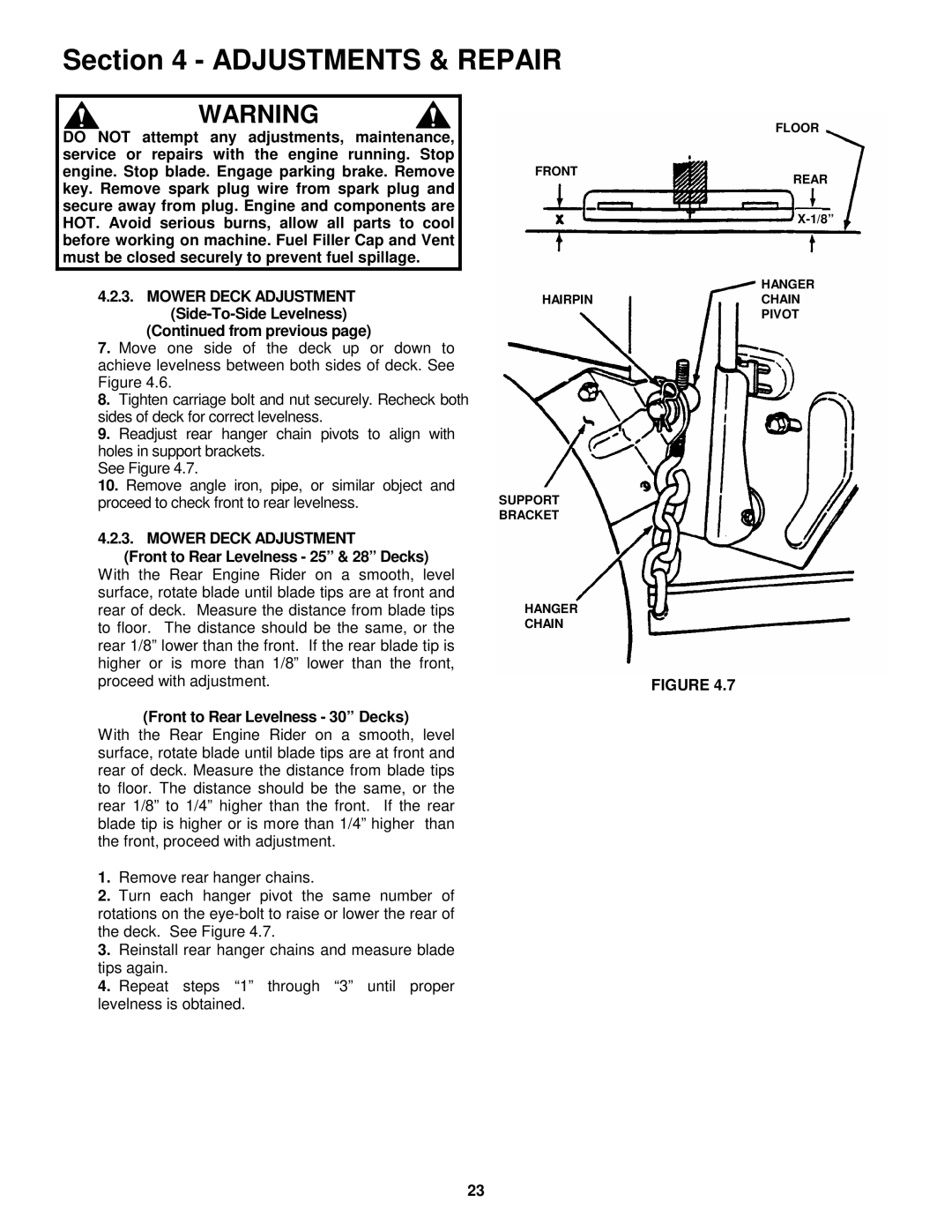 Snapper EM250821BE, EM281021BE important safety instructions Mower Deck Adjustment, Front to Rear Levelness 25 & 28 Decks 