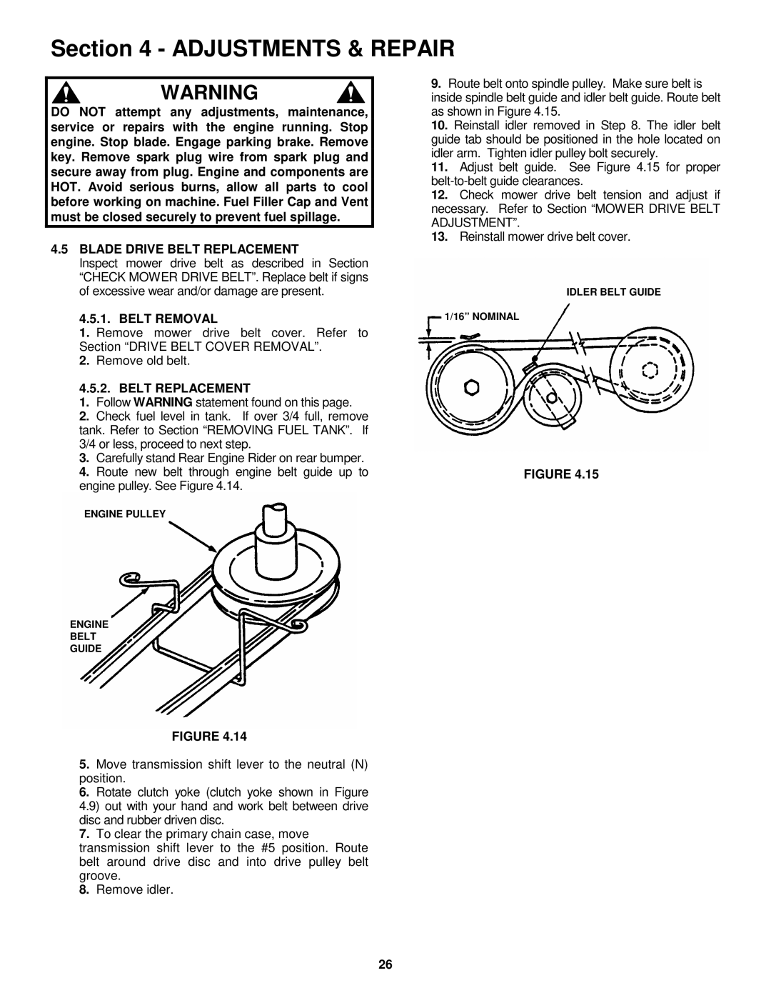 Snapper EM250821BE, EM281021BE important safety instructions Blade Drive Belt Replacement, Belt Removal 