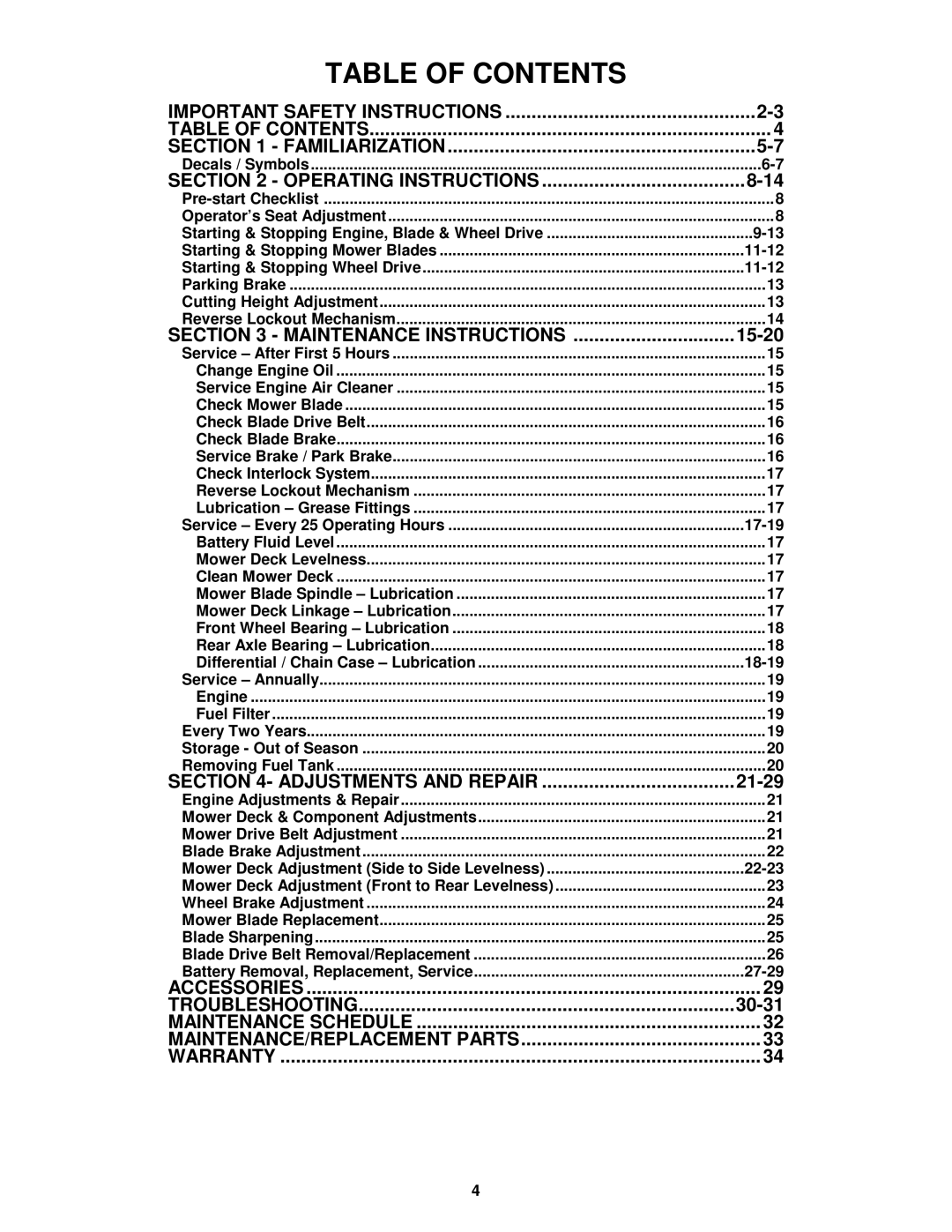 Snapper EM250821BE, EM281021BE important safety instructions Table of Contents 