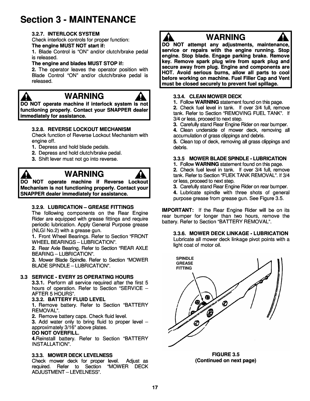 Snapper EM250821BE, EM281021BE important safety instructions Maintenance, Spindle Grease Fitting 