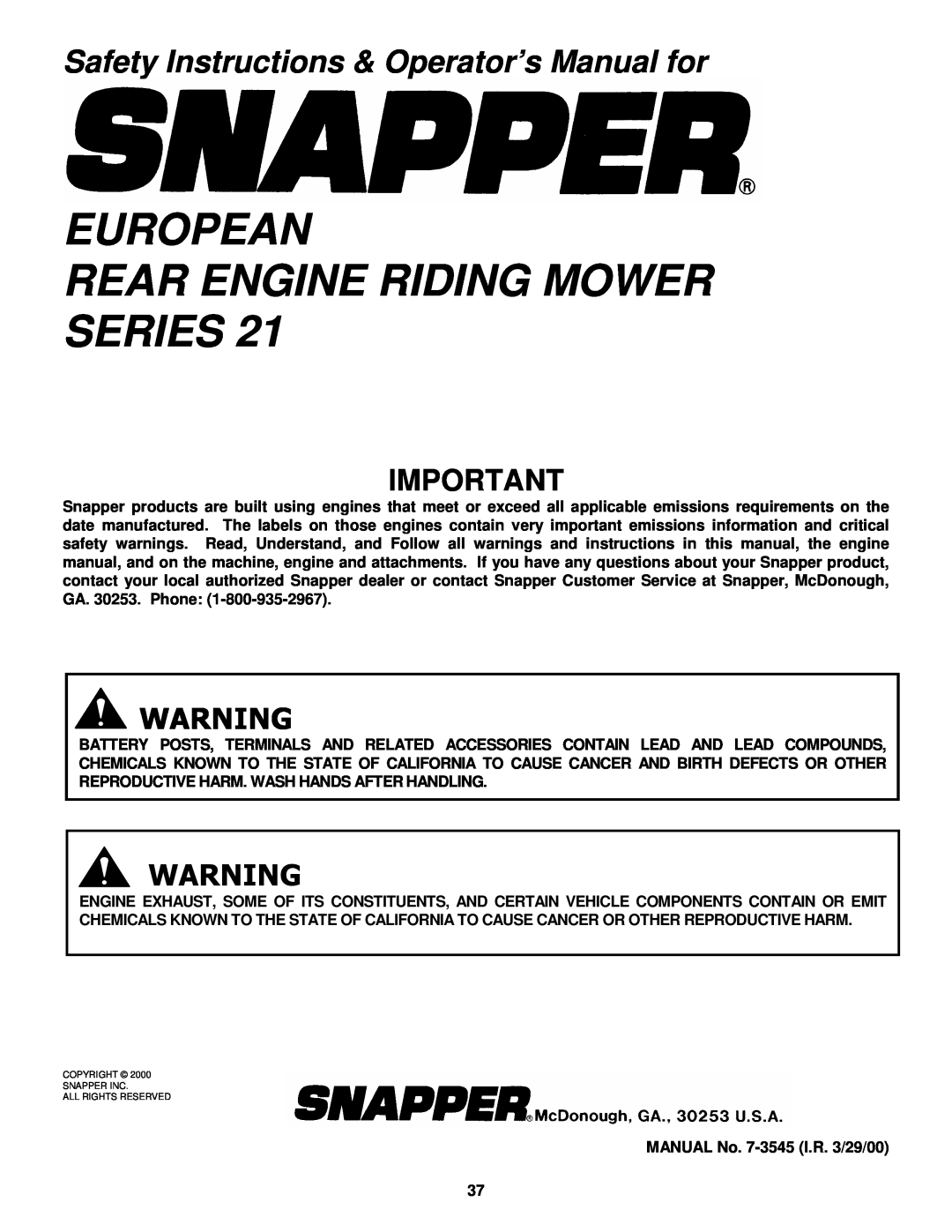 Snapper EM250821BE, EM281021BE European Rear Engine Riding Mower Series, Safety Instructions & Operator’s Manual for 