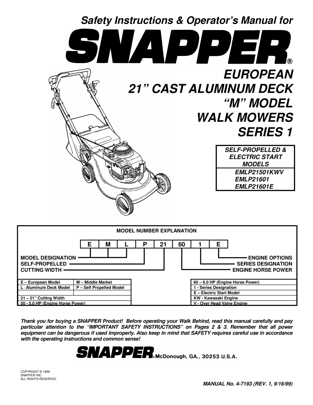 Snapper EMLP21501KWV, EMLP21601, EMLP21601E important safety instructions 