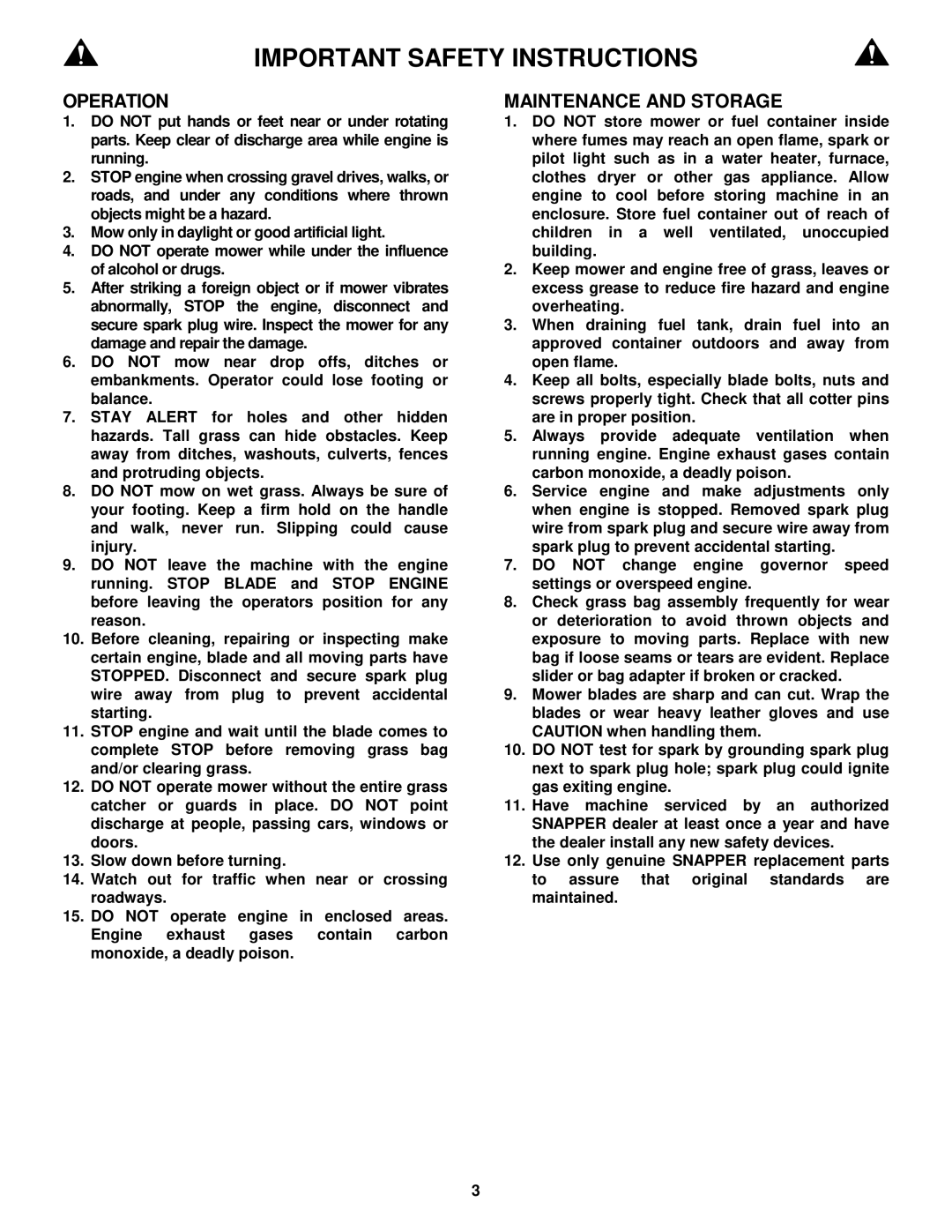 Snapper EMLP21501KWV, EMLP21601, EMLP21601E important safety instructions Operation, Maintenance and Storage 