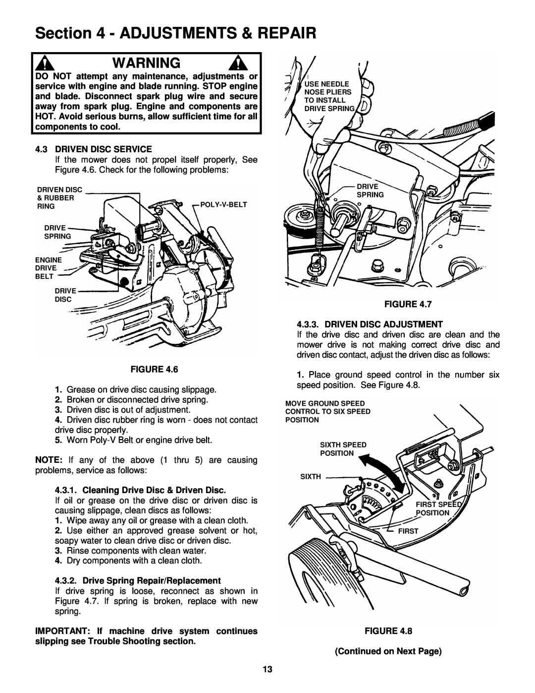 Snapper EMRP216015B Adjustments & Repair, 4.3DRIVEN DISC SERVICE, Cleaning Drive Disc & Driven Disc 