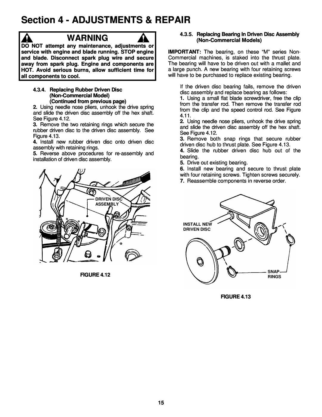 Snapper EMRP216015B important safety instructions Adjustments & Repair, Continued from previous page 