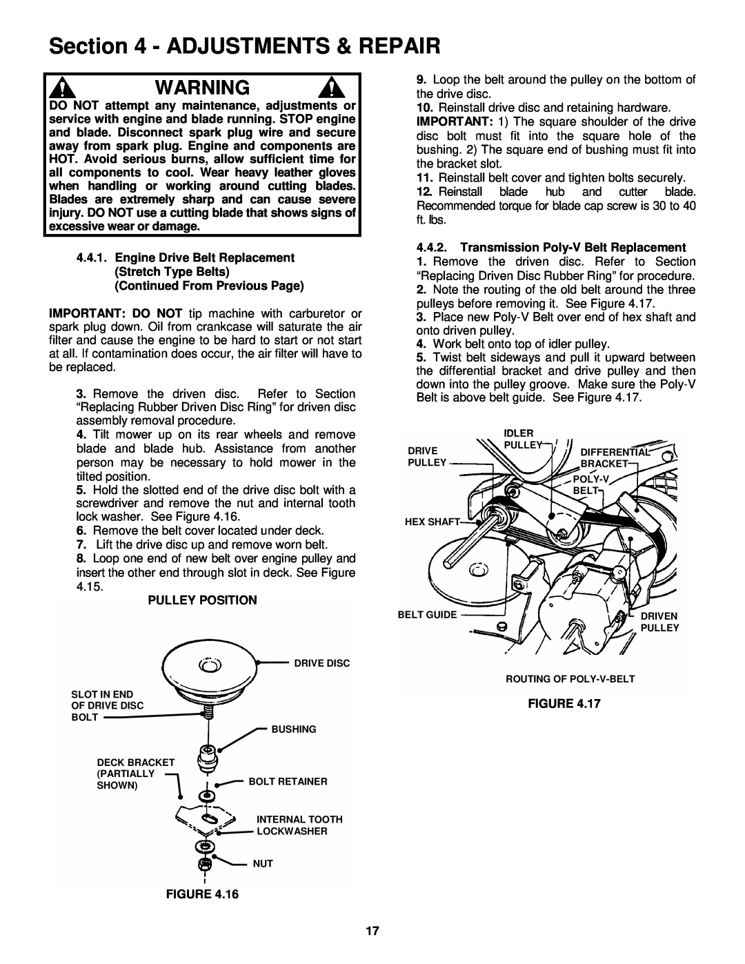 Snapper EMRP216015B important safety instructions Adjustments & Repair, Continued From Previous Page, Pulley Position 