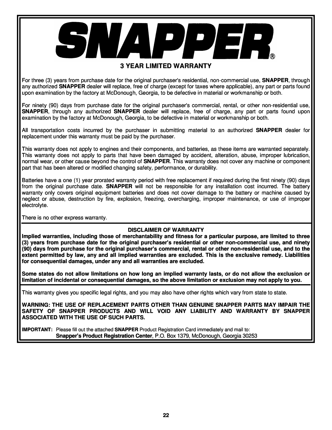 Snapper EMRP216015B important safety instructions Year Limited Warranty 