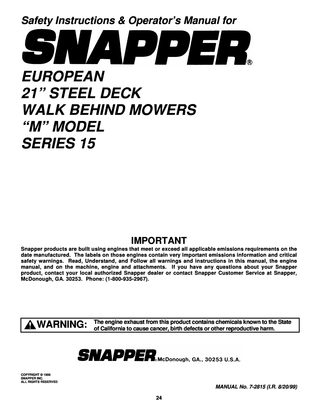 Snapper EMRP216015B important safety instructions EUROPEAN 21” STEEL DECK, Walk Behind Mowers “M” Model Series 