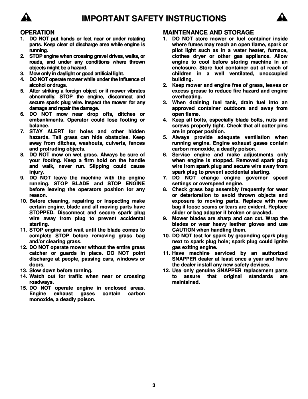 Snapper EMRP216015B important safety instructions Important Safety Instructions, Operation, Maintenance And Storage 