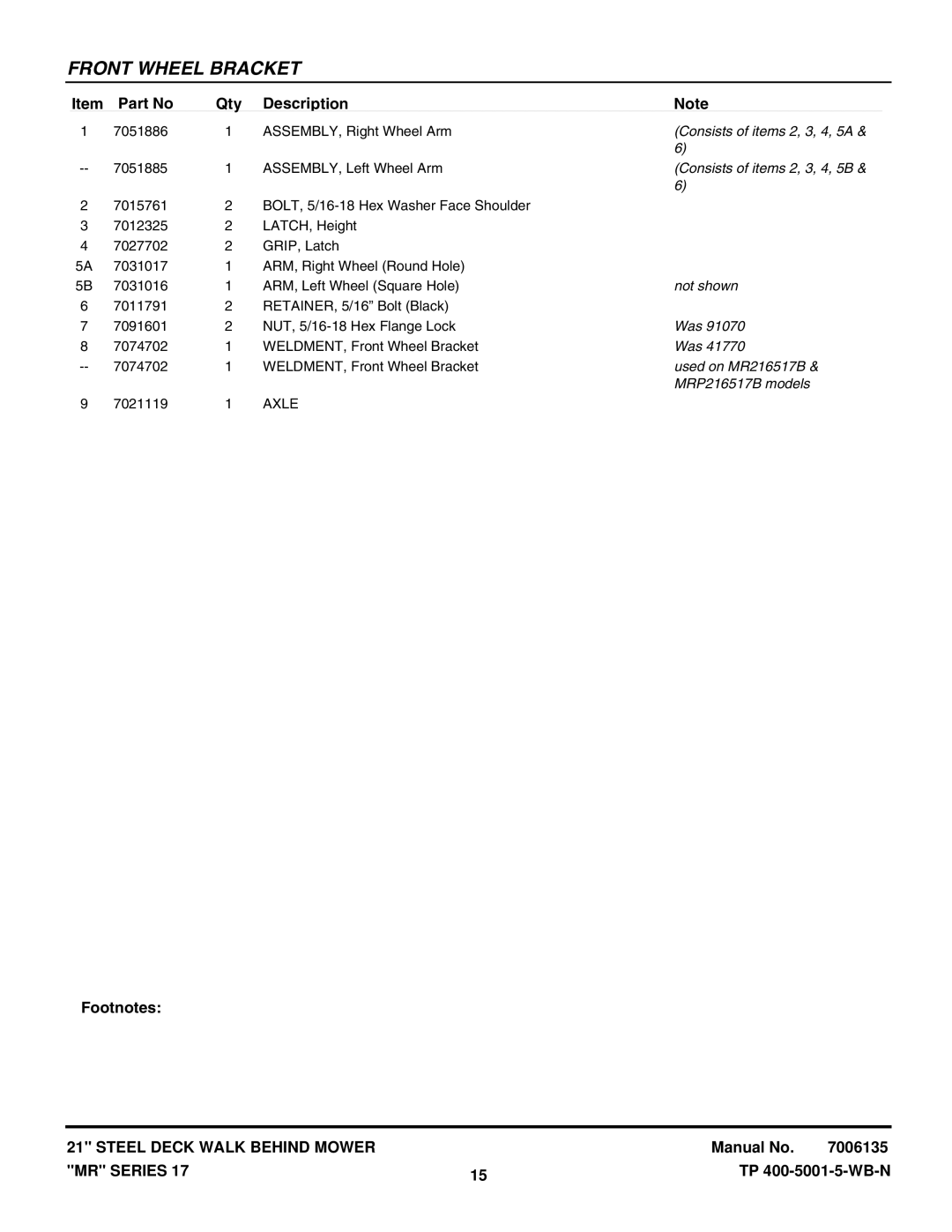 Snapper MR216017B, EMRP216017B Consists of items 2, 3, 4, 5A, Consists of items 2, 3, 4, 5B, Not shown, MRP216517B models 