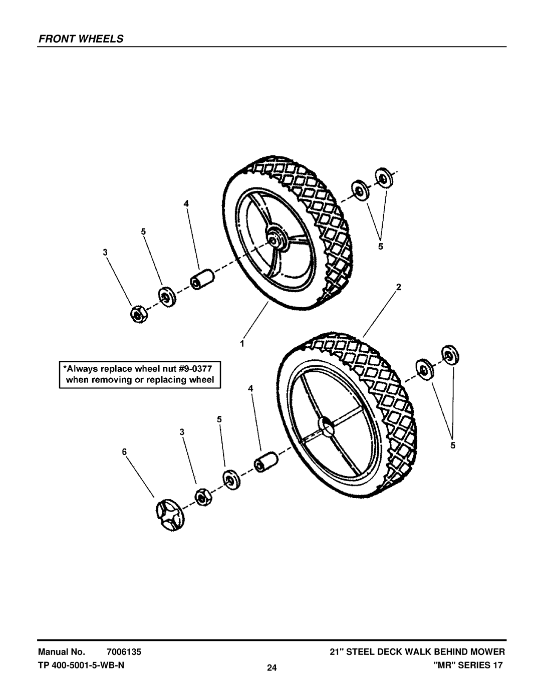 Snapper WMR216017BV, EMRP216017B, EMRP216517B, MRP216017BV, WMR216517B, WMRP216017B, WMRP216517B manual Front Wheels 