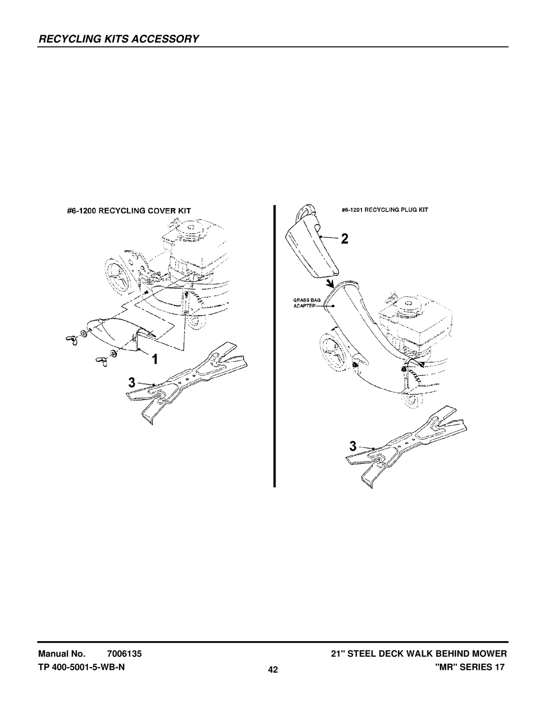 Snapper EMRP216017B, EMRP216517B, MRP216017BV, MR216017BV, WMR216517B, WMRP216017B manual Recycling Kits Accessory 