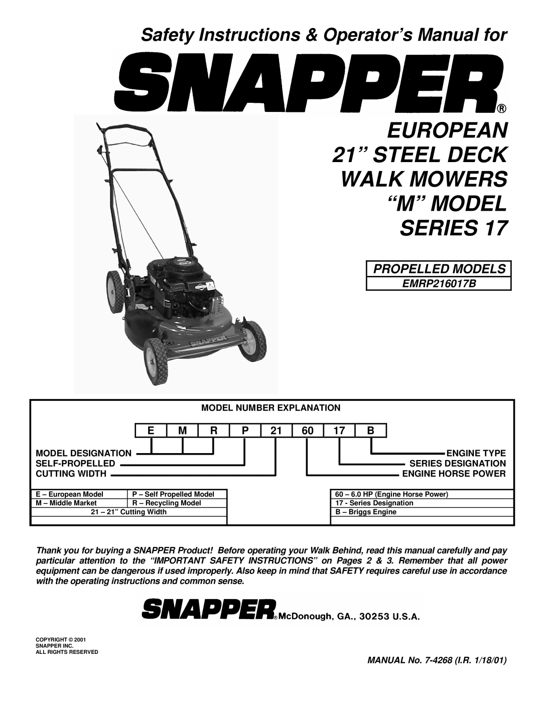 Snapper EMRP216017B important safety instructions European 21 Steel Deck Walk Mowers M Model Series 