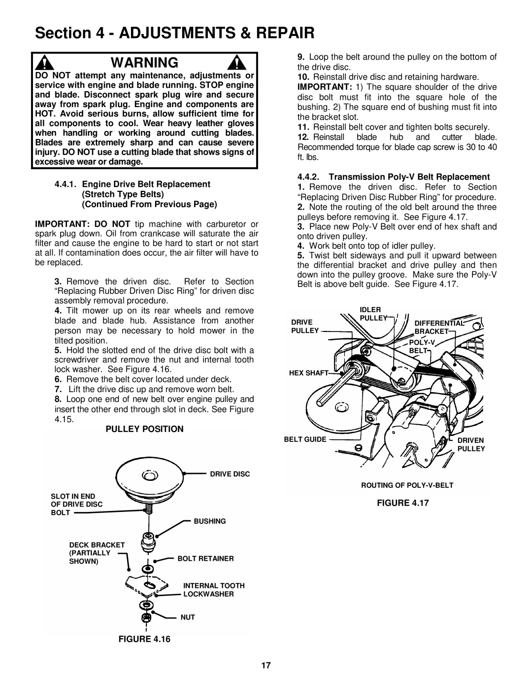 Snapper EMRP216017B important safety instructions Pulley Position, Transmission Poly-V Belt Replacement 