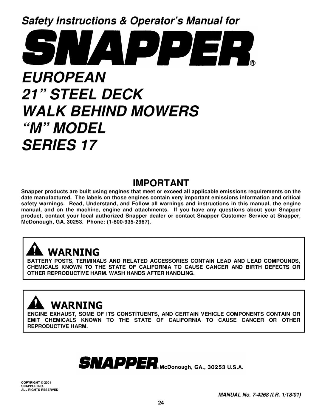 Snapper EMRP216017B important safety instructions European Steel Deck Walk Behind Mowers M Model Series 