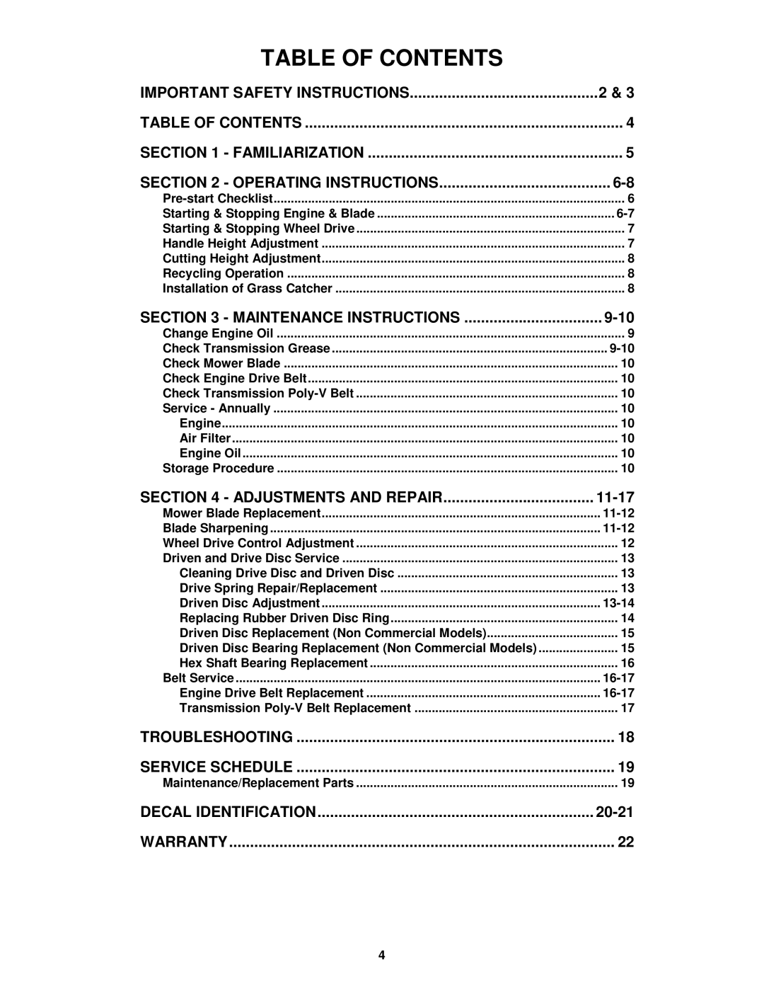 Snapper EMRP216017B important safety instructions Table of Contents 