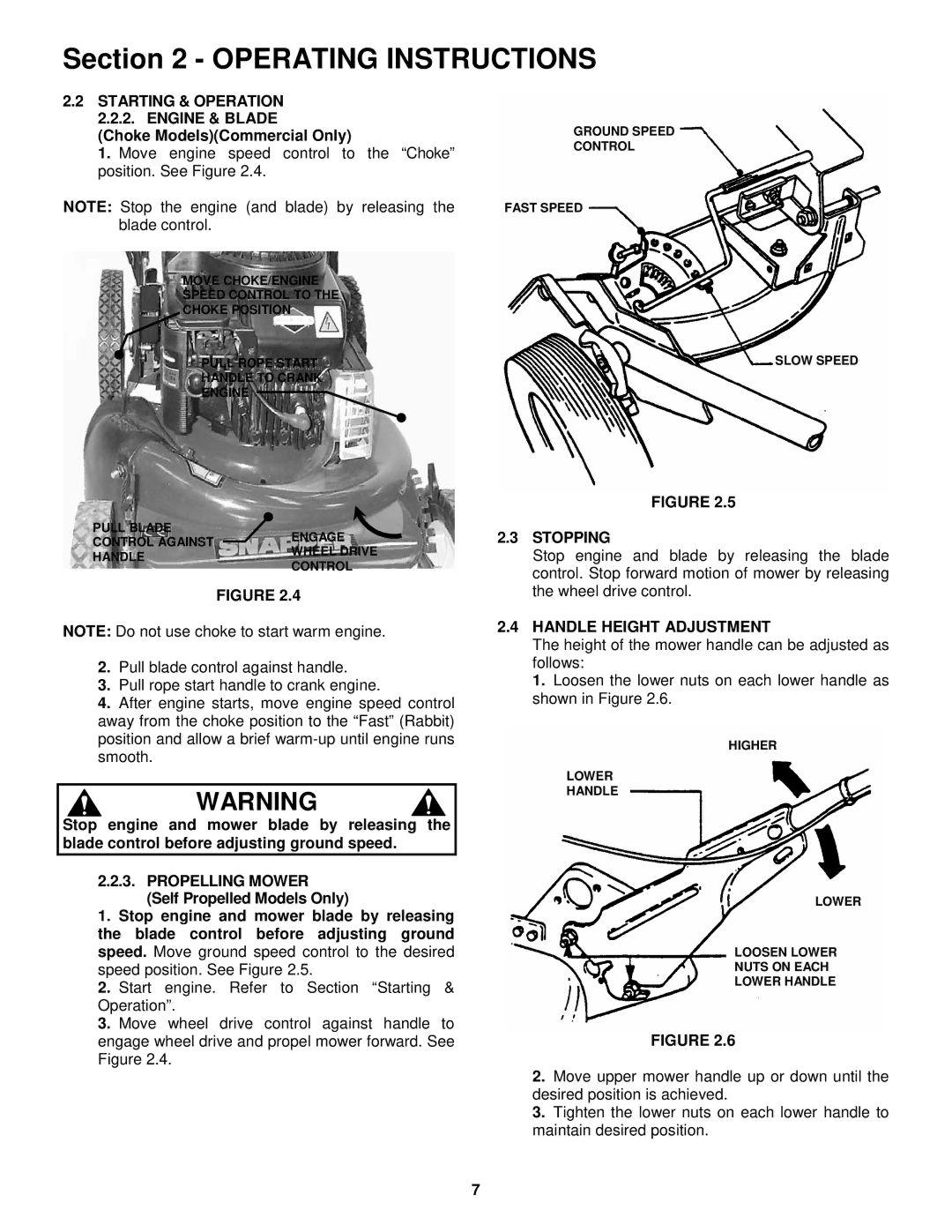 Snapper EMRP216017B important safety instructions Propelling Mower, Stopping, Handle Height Adjustment 