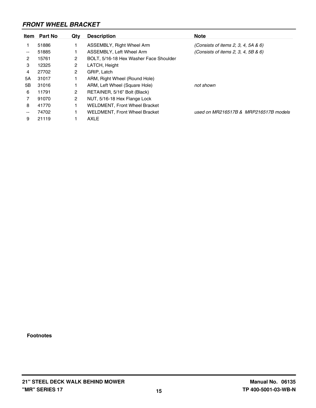 Snapper WMRP216017B, EMRP216517B, MRP216017BV manual Consists of items 2, 3, 4, 5A, Consists of items 2, 3, 4, 5B, Not shown 