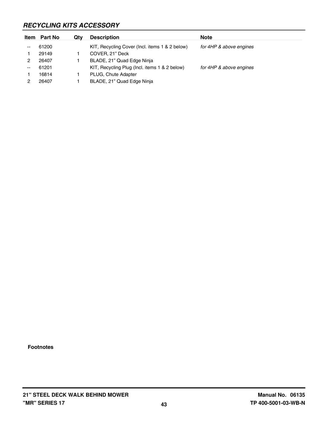 Snapper WMR216017BV, EMRP216517B, MRP216017BV, WMR216517B, WMRP216017B manual For 4HP & above engines 