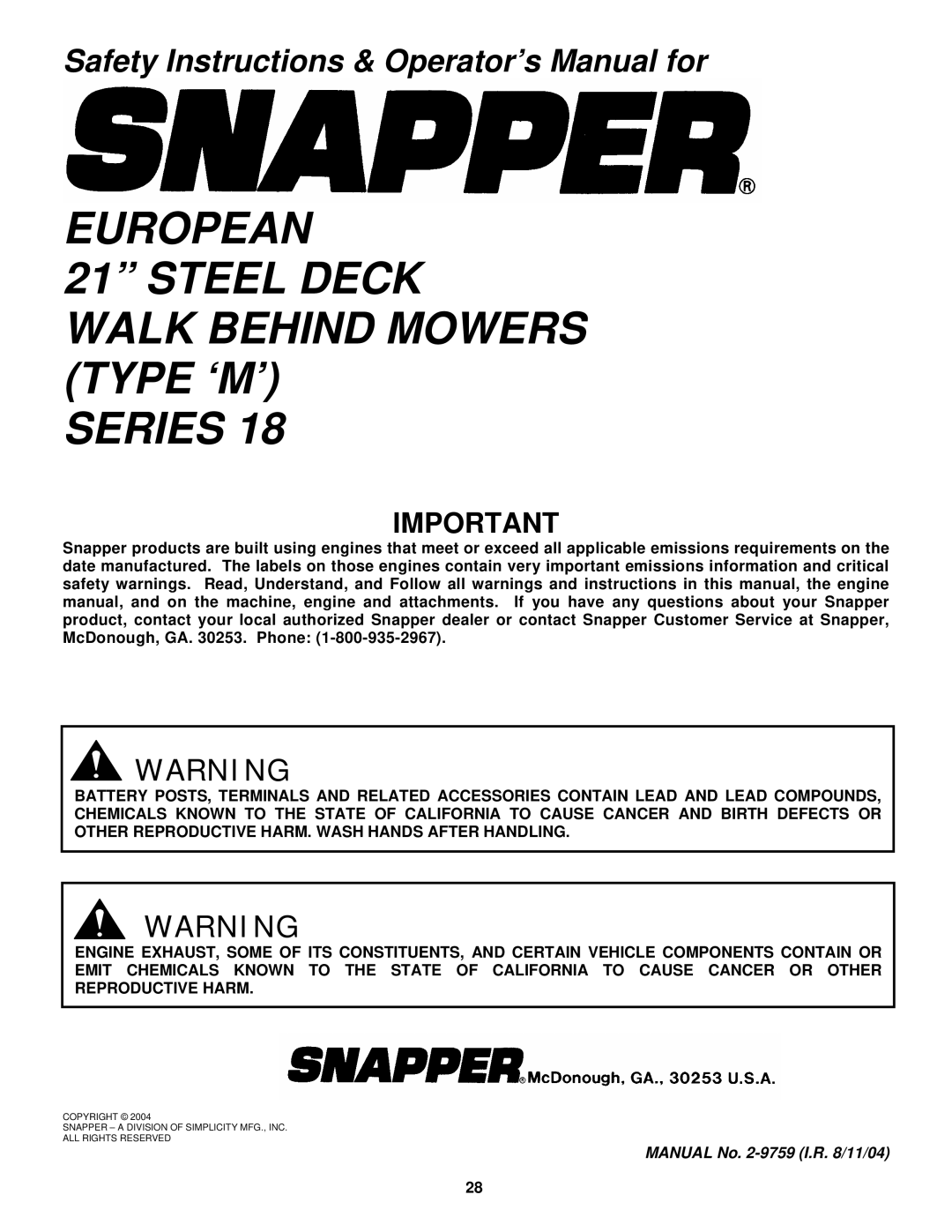 Snapper EMRP216518B important safety instructions European Steel Deck Walk Behind Mowers Type ‘M’ Series, 286 