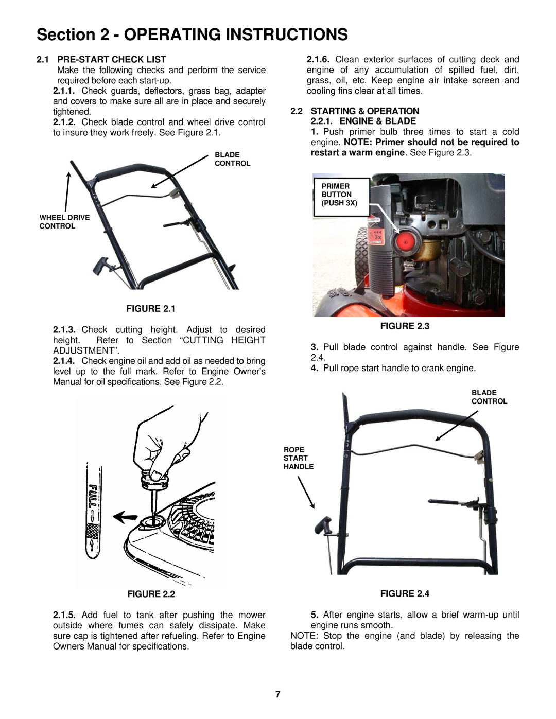 Snapper EMRP216518B important safety instructions PRE-START Check List, Starting & Operation 2.2.1. Engine & Blade 