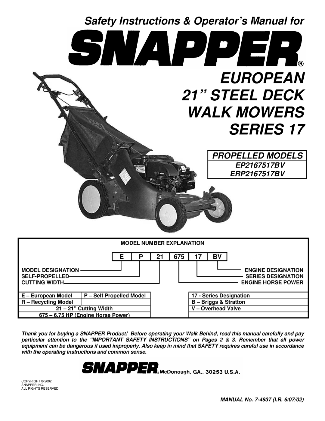 Snapper EP2167517BV, ERP2167517BV important safety instructions European 21 Steel Deck Walk Mowers Series 