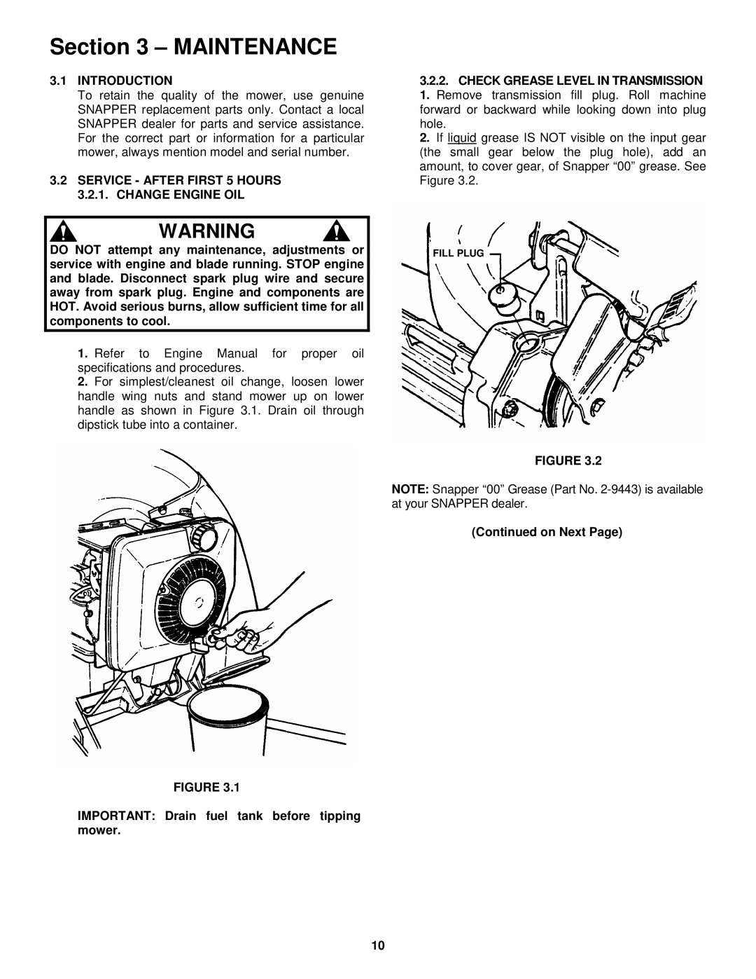 Snapper EP2167517BV, ERP2167517BV Maintenance, Introduction Check Grease Level in Transmission, Change Engine OIL 