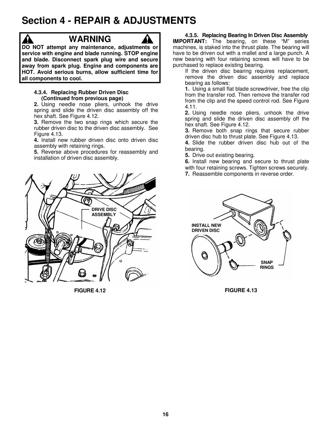 Snapper EP2167517BV, ERP2167517BV important safety instructions Drive Disc Assembly Install NEW Driven Disc Snap Rings 