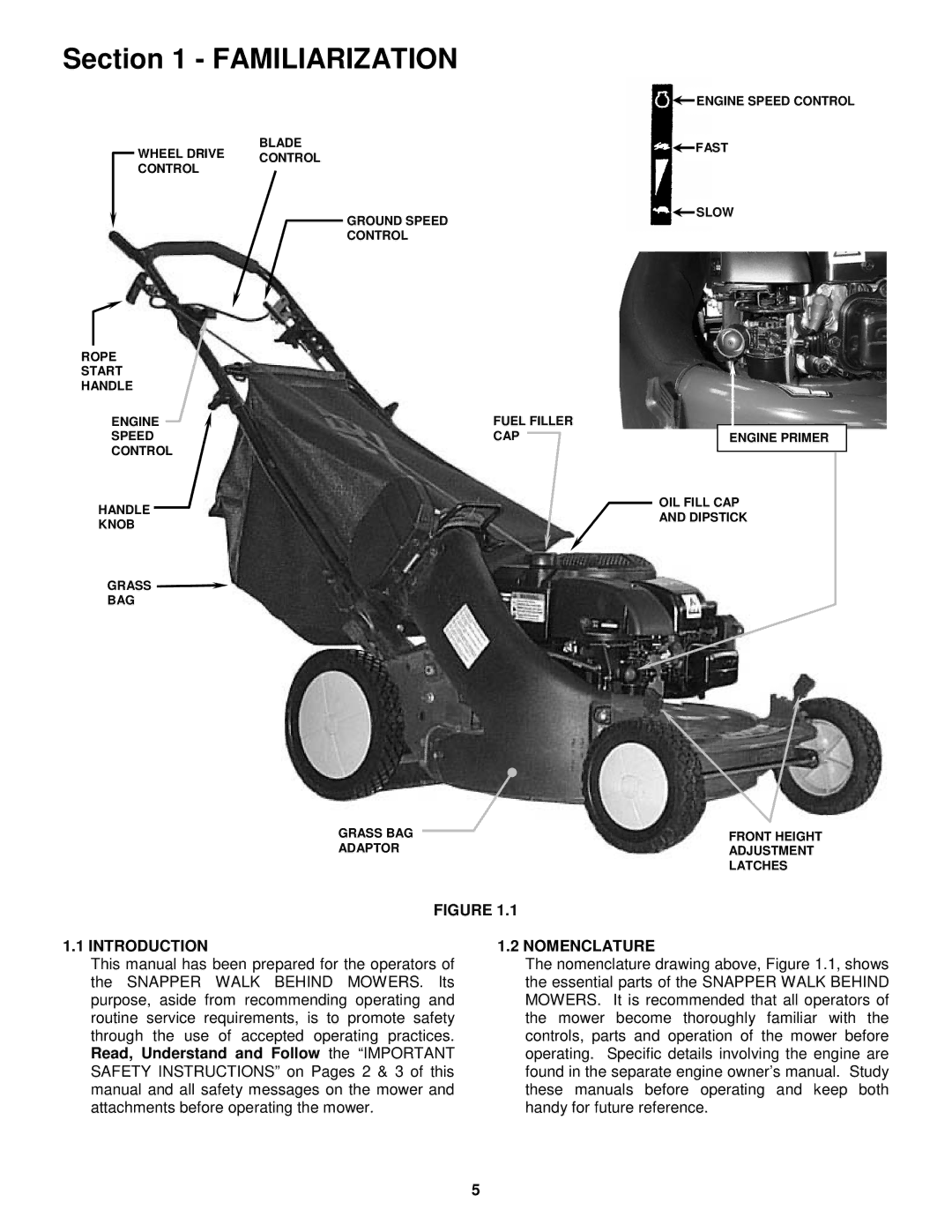 Snapper EP2167517BV, ERP2167517BV important safety instructions Familiarization, Introduction Nomenclature 