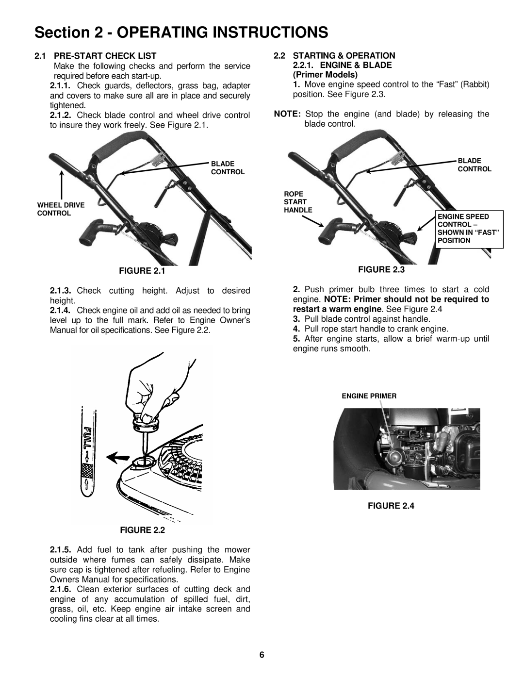 Snapper EP2167517BV, ERP2167517BV important safety instructions Operating Instructions, PRE-START Check List 