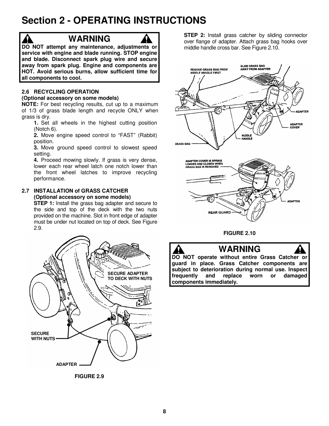 Snapper EP2167517BV, ERP2167517BV important safety instructions Secure Adapter To Deck with Nuts 