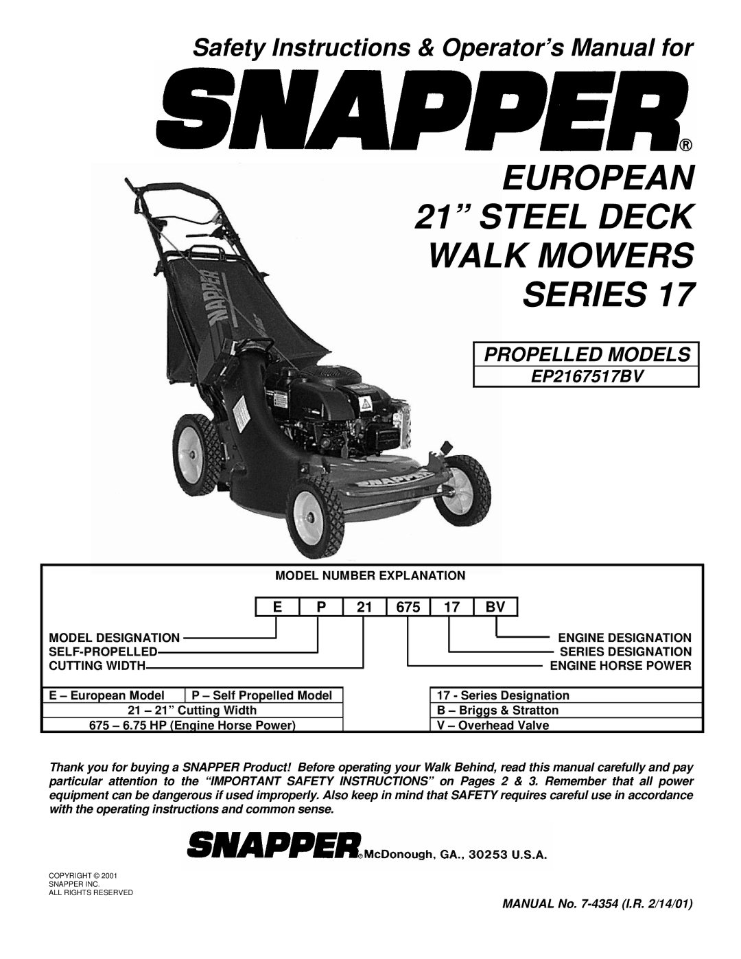 Snapper EP2167517BV important safety instructions European 21 Steel Deck Walk Mowers Series, Model Number Explanation 