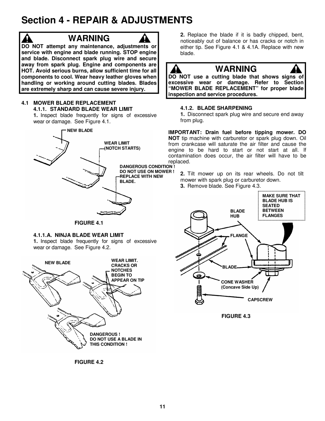 Snapper EP2167517BV Repair & Adjustments, Mower Blade Replacement 4.1.1. Standard Blade Wear Limit, Blade Sharpening 